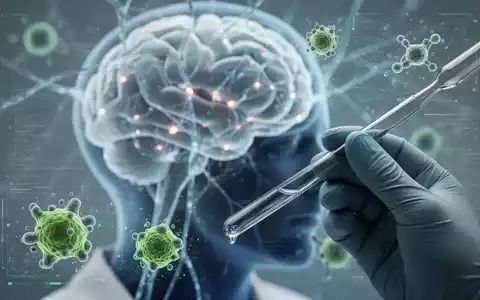 Ein verschwommenes Gehirn mit leuchtenden neuronalen Netzen, digitalen Datenströmen und Amyloid-Plaques. Eine Hand hält eine Pipette. - Foto: über boerse-global.de
