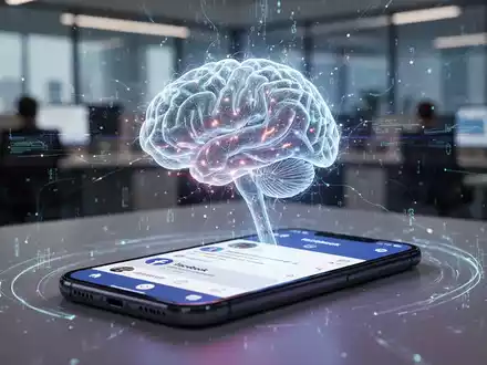 KI-Gehirn auf Smartphone mit Facebook-App, Datenströme, unscharfes Büro - Foto: über boerse-global.de
