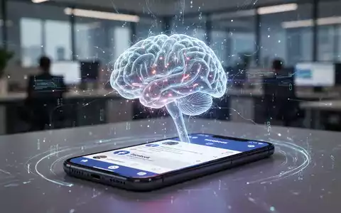 KI-Gehirn auf Smartphone mit Facebook-App, Datenströme, unscharfes Büro - Foto: über boerse-global.de