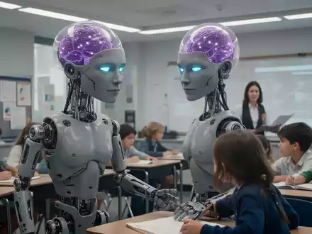 Humanoider Roboter mit grauem Gesicht und leuchtendem lila Schädel in einem Klassenzimmer mit Schülern und Lehrer. - Foto: über boerse-global.de