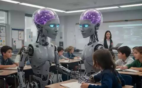 Humanoider Roboter mit grauem Gesicht und leuchtendem lila Schädel in einem Klassenzimmer mit Schülern und Lehrer. - Foto: über boerse-global.de