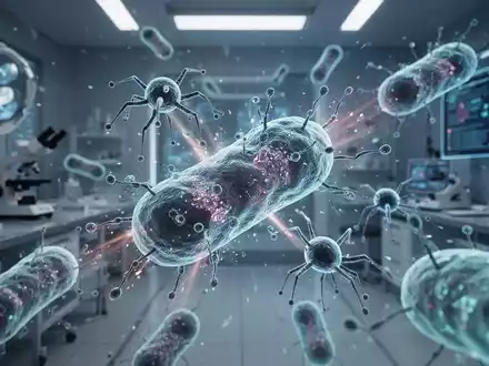 Mikroskopische Ansicht von Bakteriophagen, die Bakterien angreifen, in einem futuristischen medizinischen Labor mit leuchtenden Elementen. - Foto: über boerse-global.de