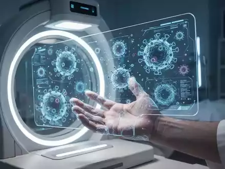 Ein futuristischer medizinischer Scanner beleuchtet eine Hand, während auf einem transparenten Bildschirm zelluläre Daten angezeigt werden. - Foto: über boerse-global.de