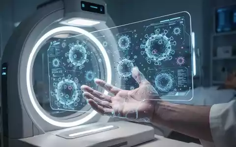 Ein futuristischer medizinischer Scanner beleuchtet eine Hand, während auf einem transparenten Bildschirm zelluläre Daten angezeigt werden. - Foto: über boerse-global.de