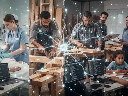 Eine Gruppe von Menschen in verschiedenen Berufen, überlagert von einem leuchtenden neuronalen Netzwerk, das KI-Integration symbolisiert. - Foto: über boerse-global.de