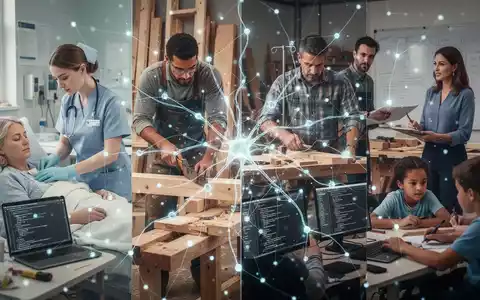 Eine Gruppe von Menschen in verschiedenen Berufen, überlagert von einem leuchtenden neuronalen Netzwerk, das KI-Integration symbolisiert. - Foto: über boerse-global.de