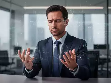 Ein fokussierter Geschäftsmann in einem modernen Büro mit subtilen digitalen Lichteffekten, die Konzentration in einer abgelenkten Welt symbolisieren. - Foto: über boerse-global.de