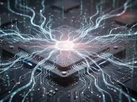 Nahaufnahme eines futuristischen Mikrochips mit leuchtenden neuronalen Pfaden und komplexen Schaltkreisen, die KI-Hardware symbolisieren. - Foto: über boerse-global.de