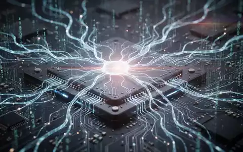 Nahaufnahme eines futuristischen Mikrochips mit leuchtenden neuronalen Pfaden und komplexen Schaltkreisen, die KI-Hardware symbolisieren. - Foto: über boerse-global.de