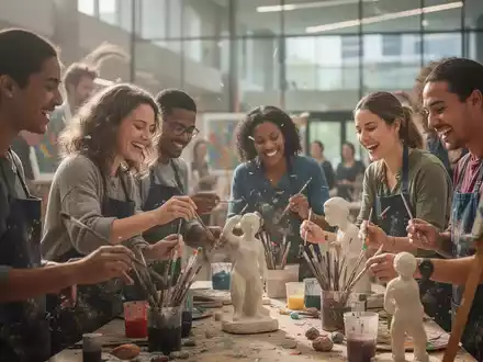 Eine Gruppe von Menschen lacht und malt gemeinsam in einem hellen, modernen Raum, der Kreativität und Bewegung symbolisiert. - Foto: über boerse-global.de