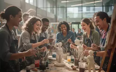Eine Gruppe von Menschen lacht und malt gemeinsam in einem hellen, modernen Raum, der Kreativität und Bewegung symbolisiert. - Foto: über boerse-global.de