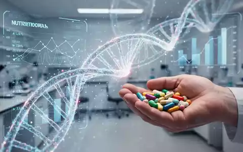 Eine stilisierte, leuchtende DNA-Helix verflechtet sich mit digitalen Ernährungsdaten und einer Hand, die bunte Nahrungsergänzungsmittel hält. - Foto: über boerse-global.de