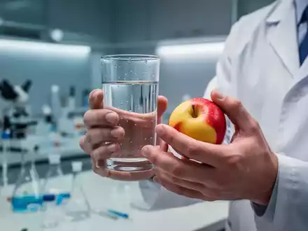 Eine Nahaufnahme von Händen, die ein Glas Wasser und ein Stück Obst halten, mit einem verschwommenen Hintergrund einer Küche. - Foto: über boerse-global.de