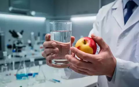 Eine Nahaufnahme von Händen, die ein Glas Wasser und ein Stück Obst halten, mit einem verschwommenen Hintergrund einer Küche. - Foto: über boerse-global.de