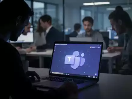 Eine schattenhafte Figur beobachtet einen Laptop-Bildschirm mit Microsoft Teams-Oberfläche, im Hintergrund verschwommene Büroangestellte. - Foto: über boerse-global.de