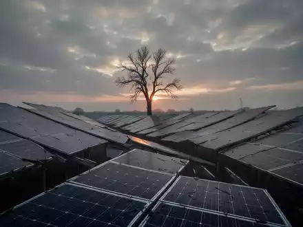 Solarpark mit Reihen von Solarmodulen unter einem bewölkten Himmel, bei Sonnenuntergang, der eine unsichere Zukunft andeutet. - Foto: über boerse-global.de