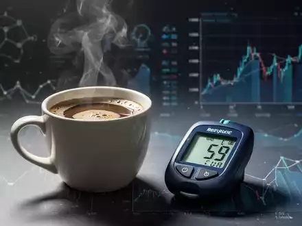 Eine dampfende Tasse Kaffee neben einem Blutzuckermessgerät, im Hintergrund verschwommene wissenschaftliche Daten. Fokus auf Gesundheit und Finanzen. - Foto: über boerse-global.de