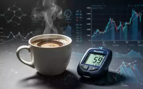 Eine dampfende Tasse Kaffee neben einem Blutzuckermessgerät, im Hintergrund verschwommene wissenschaftliche Daten. Fokus auf Gesundheit und Finanzen. - Foto: über boerse-global.de
