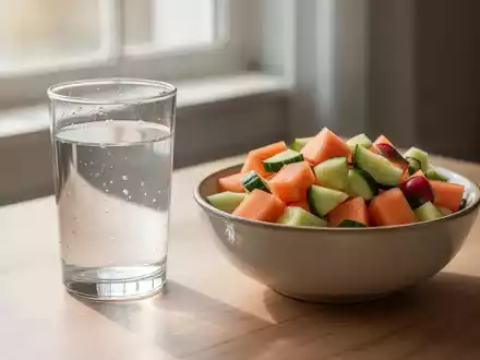 Ein Glas lauwarmes Wasser und eine Schale Obstsalat mit Melone und Gurke auf einem Holztisch, bei natürlichem Licht. - Foto: über boerse-global.de