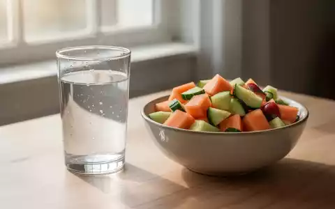 Ein Glas lauwarmes Wasser und eine Schale Obstsalat mit Melone und Gurke auf einem Holztisch, bei natürlichem Licht. - Foto: über boerse-global.de