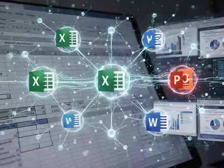 Grafik eines neuronalen Netzwerks, das mit Microsoft Excel- und PowerPoint-Symbolen verbunden ist, symbolisiert KI-Integration in Office für Daten- und Präsentationsbearbeitung. - Foto: über boerse-global.de