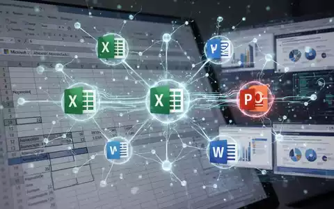 Grafik eines neuronalen Netzwerks, das mit Microsoft Excel- und PowerPoint-Symbolen verbunden ist, symbolisiert KI-Integration in Office für Daten- und Präsentationsbearbeitung. - Foto: über boerse-global.de