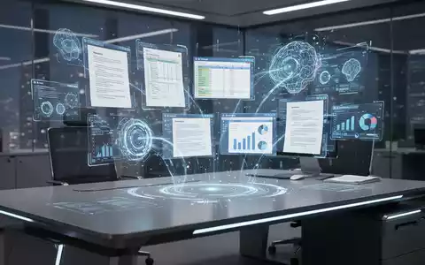 Holografische Projektion von Büroanwendungen auf einem Schreibtisch, gesteuert durch KI-Schnittstellen, symbolisiert autonome Produktivität. - Foto: über boerse-global.de