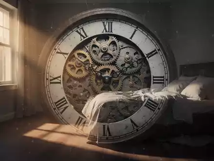 Eine stilisierte Uhr mit Zahnrädern, die sich in eine ruhige Schlafzimmerszene einfügt, symbolisiert die Verbindung von Zeit, Arbeit und Schlaf. - Foto: über boerse-global.de
