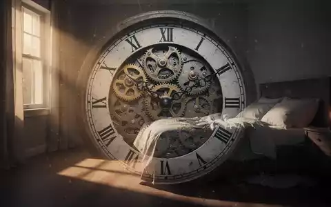 Eine stilisierte Uhr mit Zahnrädern, die sich in eine ruhige Schlafzimmerszene einfügt, symbolisiert die Verbindung von Zeit, Arbeit und Schlaf. - Foto: über boerse-global.de