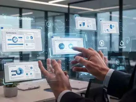 Holografische Schnittstelle mit PowerPoint-Folien und Unternehmensbranding, Hände interagieren. Modernes Büro im Hintergrund. - Foto: über boerse-global.de