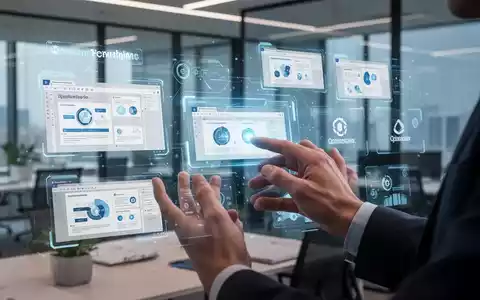 Holografische Schnittstelle mit PowerPoint-Folien und Unternehmensbranding, Hände interagieren. Modernes Büro im Hintergrund. - Foto: über boerse-global.de