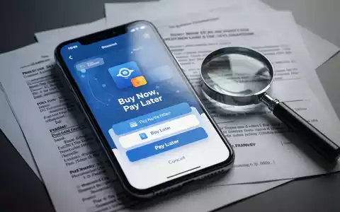 Ein Smartphone zeigt eine digitale Zahlungsoption „Jetzt kaufen, später bezahlen“ mit rechtlichen Dokumenten und einer Lupe im Hintergrund. - Foto: über boerse-global.de