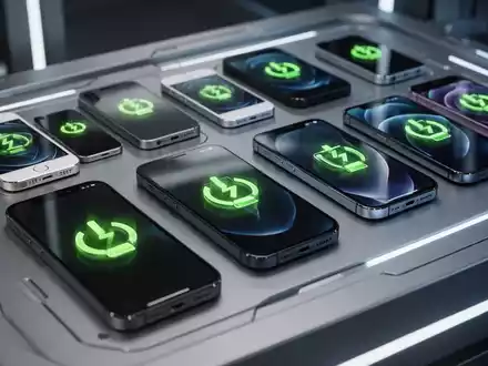Mehrere iPhone-Modelle von älter bis neuer auf moderner Testfläche mit dezent leuchtenden Batteriesymbolen. - Foto: über boerse-global.de