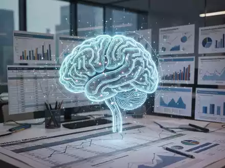 KI-Gehirn-Icon über Tabellenblatt und Präsentationsfolien, symbolisiert KI-Tools für Produktivität in Excel und PowerPoint. - Foto: über boerse-global.de