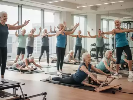 Eine Gruppe von Menschen unterschiedlichen Alters, die funktionale Core-Übungen und Pilates-Bewegungen in einem modernen Fitnessstudio ausführen. - Foto: über boerse-global.de