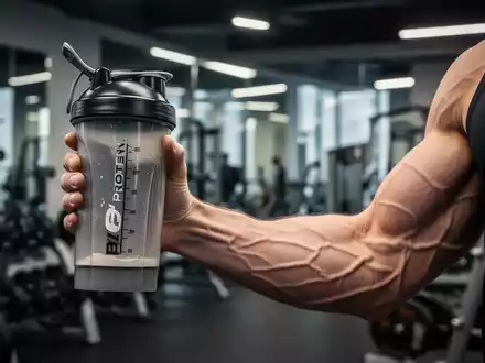 Nahaufnahme eines muskulösen Arms, der einen Shaker mit Proteinpulver hält, im verschwommenen Hintergrund ein Fitnessstudio. - Foto: über boerse-global.de