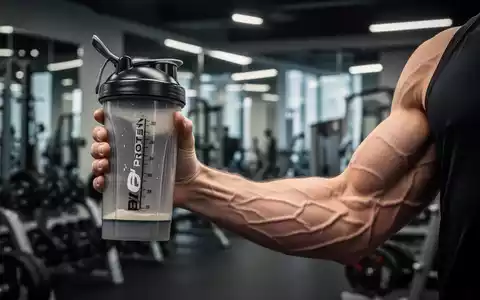 Nahaufnahme eines muskulösen Arms, der einen Shaker mit Proteinpulver hält, im verschwommenen Hintergrund ein Fitnessstudio. - Foto: über boerse-global.de