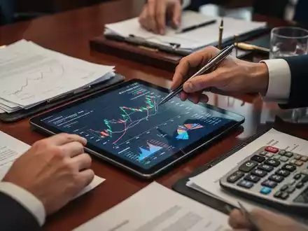 Hände zeigen auf Finanzdiagramm auf Tablet, umgeben von Dokumenten und Taschenrechner auf Konferenztisch, symbolisierend Regierungsreformen. - Foto: über boerse-global.de