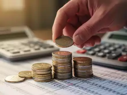 Eine Hand legt sorgfältig Euro-Münzen auf einen Stapel, mit einem unscharfen Finanzbuch im Hintergrund, das Sparen bei steigenden Zinsen symbolisiert. - Foto: über boerse-global.de
