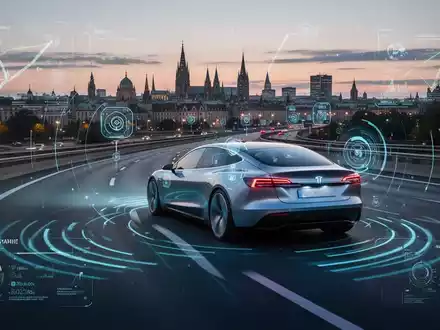 Ein elegantes, modernes autonomes Auto auf einer Autobahn mit digitalen Grafiken, die seine selbstfahrende Technologie darstellen. - Foto: über boerse-global.de