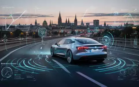 Ein elegantes, modernes autonomes Auto auf einer Autobahn mit digitalen Grafiken, die seine selbstfahrende Technologie darstellen. - Foto: über boerse-global.de