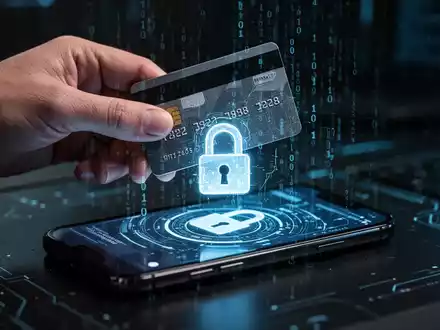 Nahaufnahme einer Hand, die eine Kreditkarte über einem Smartphone mit einem Schloss-Symbol hält, mit digitalem Code überlagert. - Foto: über boerse-global.de