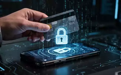 Nahaufnahme einer Hand, die eine Kreditkarte über einem Smartphone mit einem Schloss-Symbol hält, mit digitalem Code überlagert. - Foto: über boerse-global.de