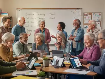 Eine vielfältige Gruppe von Erwachsenen lernt gemeinsam in einem hellen Klassenzimmer, was lebenslanges Lernen symbolisiert. - Foto: über boerse-global.de