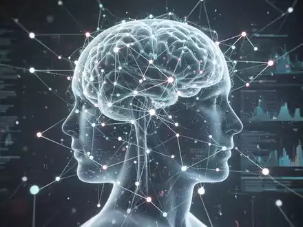Eine stilisierte, leuchtende neuronale Netzwerkgrafik überlagert einen menschlichen Kopf, mit Datenpunkten und Verbindungslinien. - Foto: über boerse-global.de