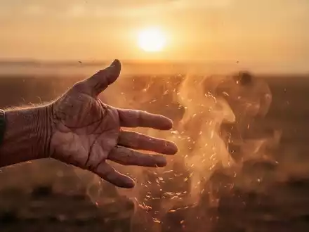 Nahaufnahme einer Hand, die leichte Alterserscheinungen zeigt, ausgestreckt in eine flimmernde Hitzewelle in einer trockenen Landschaft. - Foto: über boerse-global.de