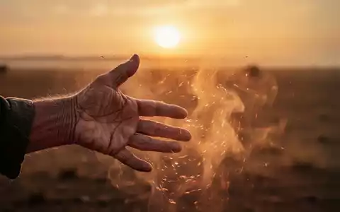 Nahaufnahme einer Hand, die leichte Alterserscheinungen zeigt, ausgestreckt in eine flimmernde Hitzewelle in einer trockenen Landschaft. - Foto: über boerse-global.de