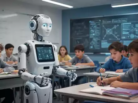 Ein humanoider Roboter mit freundlichem Gesicht steht vor einer Klasse und interagiert mit aufmerksamen Schülern. - Foto: über boerse-global.de