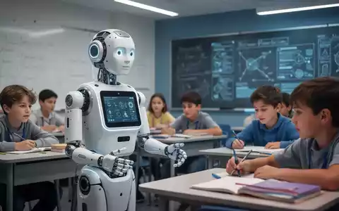 Ein humanoider Roboter mit freundlichem Gesicht steht vor einer Klasse und interagiert mit aufmerksamen Schülern. - Foto: über boerse-global.de