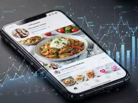 Nahaufnahme eines Smartphone-Bildschirms mit einem Social-Media-Feed eines Food-Influencers und Finanzdaten-Overlays. - Foto: über boerse-global.de